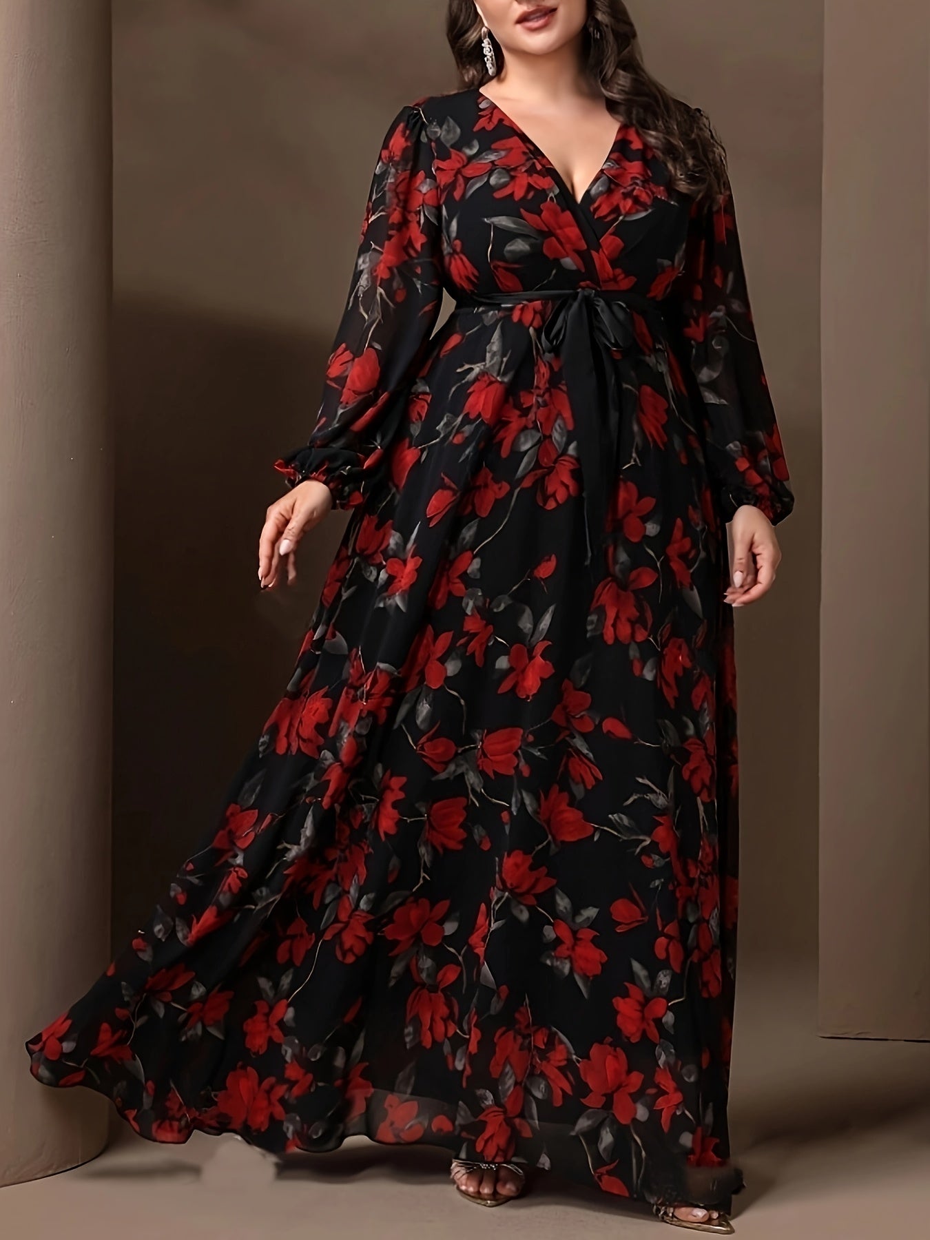 Elegant Plus Size Floral Print V-Neck Dress with Tie Waist, 100% Polyester Woven Fabric, Non-Stretch, Fitted Spring/Fall Maxi Dress