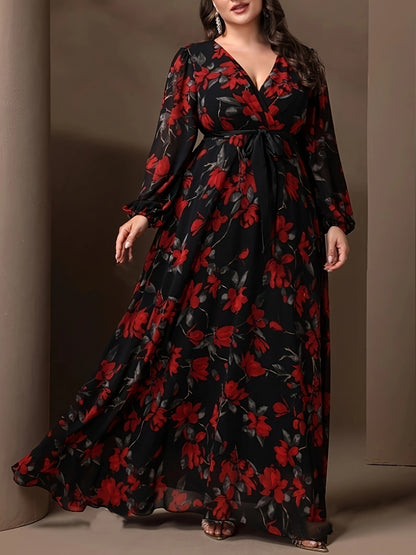 Elegant Plus Size Floral Print V-Neck Dress with Tie Waist, 100% Polyester Woven Fabric, Non-Stretch, Fitted Spring/Fall Maxi Dress