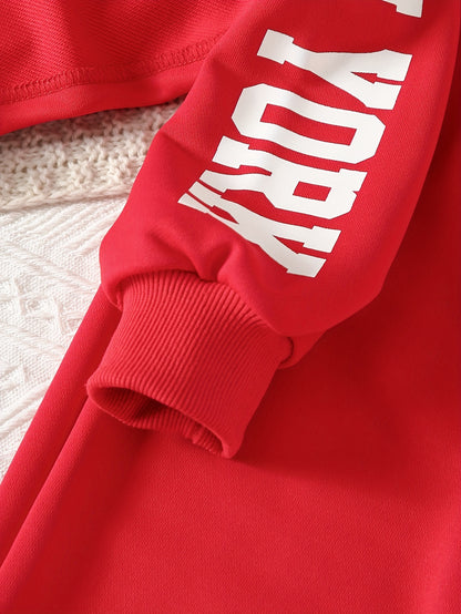 Girls' 3pcs Fashion Outfit, Short Hoodie and Tank Top with Athletic Pants Set, New York Print Casual Long Sleeve Top, Kids Spring/Summer/Autumn/Winter Clothing, Knitted Fabric, Stretchy, Letter Pattern, Regular Fit, Polyester