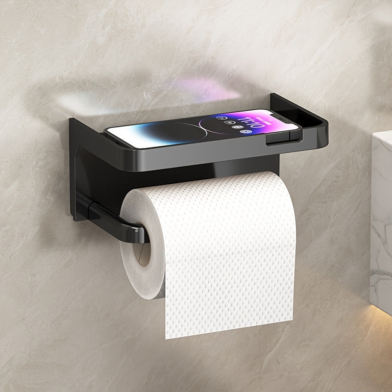 Portarrollos de papel higiénico de pared, fácil de instalar, sin taladros, con soporte para teléfono - Organizador de baño con acabado pulido