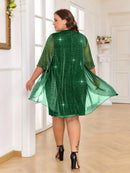 Plus Size - Elegant Plus Size Two-Piece Dress with Mesh Overlay - Navy Blue, Round Neck, Sleeveless, Flowy Design for Spring/Summer, Polyester Blend, Women'S Fashion, Plus Size Dresses