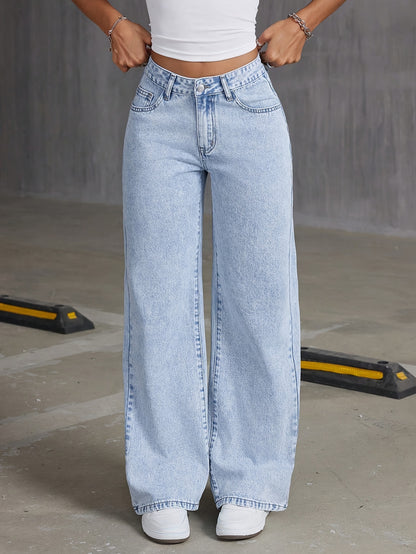 Jeans de mezclilla de moda para niñas HEY+JEANS, corte holgado largo, cintura ajustable, pierna ancha, bordado de mariposa, sin elasticidad, de temporada, cierre de cremallera, pantalones casuales juveniles.