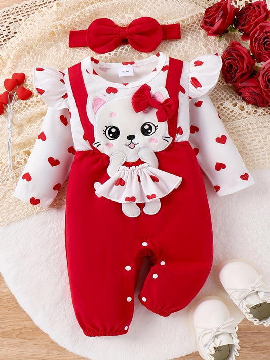 Cartoon Kitten Embroidered Long-Sleeved Jumpsuit And Headwear Set For Newborn To 18 Months Old Baby Girls, Soft Cotton And Spandex Blend, Adorable And Cozy Outfit