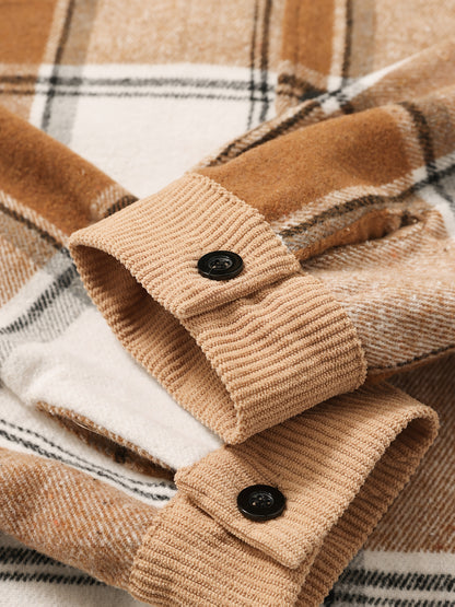 1pc Men'S Casual Plaid Fleece Jacket, Thickened Outerwear with Button Closure, Polyester Fabric, Non-Stretch, Regular Fit, Autumn/Winter Season, Solid Color Pocket Detail