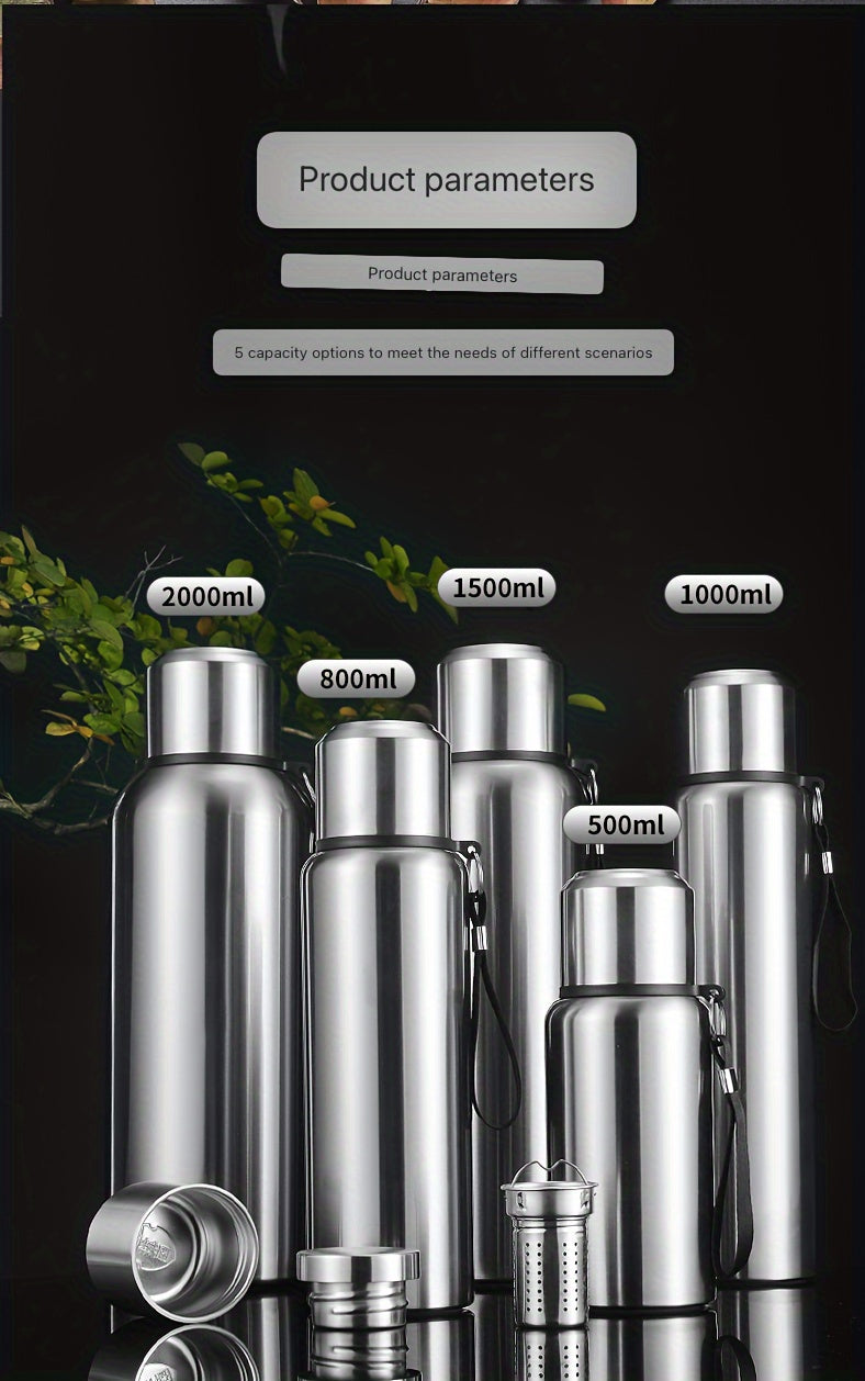 Botella de agua térmica de acero inoxidable: gran capacidad, a prueba de fugas y portátil para actividades al aire libre, deportes y viajes. Sin BPA.