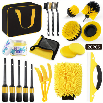 20pcs Car Detailing Brush, Glove Waxing Pad, Tire Interior Air Conditioner Electric Cleaning Brush, With Storage Bag, Without Electric Brick