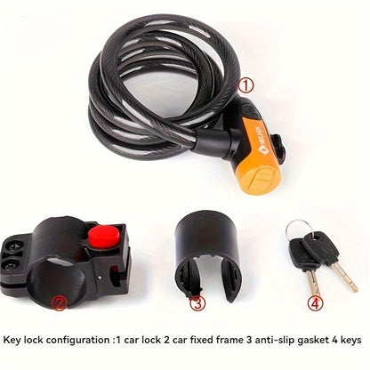 High-Security Bike Cable Lock with Key, Brushed PVC Finish, Anti-Theft Shear-Resistant, Waterproof, 12mm Thick, 125cm Length with Mounting Bracket