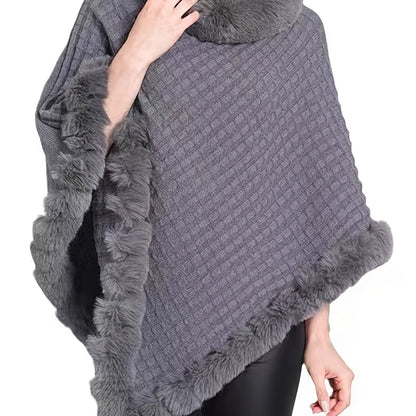 Women's Elegant Cream-Colored Knit Sweater with Faux Fur Trim - High Neck, Batwing Sleeves, Cozy Autumn/Winter Pullover Shawl Cape, Autumn Wardrobe Accessory|High Neck Pullover|Plush Lining