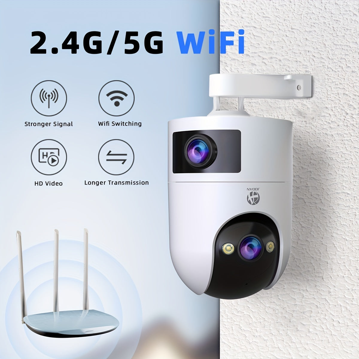 JOOAN 4K Outdoor Dual Lens PTZ WiFi Camera, 5G Compatible, Wall Hanging, 1296p Video, Two-Way Audio, HD Resolution, Application Control, Audio & Motion Alerts, Color Display, USB Power, without Battery, for Security Monitorin