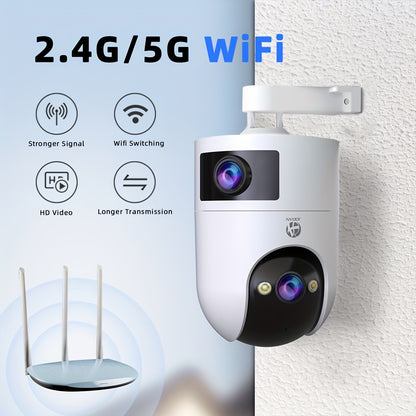 JOOAN 4K Outdoor Dual Lens PTZ WiFi Camera, 5G Compatible, Wall Hanging, 1296p Video, Two-Way Audio, HD Resolution, Application Control, Audio & Motion Alerts, Color Display, USB Power, without Battery, for Security Monitorin