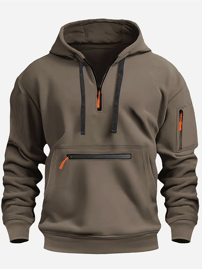 Solid Hooded Half Zip Long Sleeve Sweatshirt With Zippered Pocket For Men, Casual Hoodie For Winter And Fall