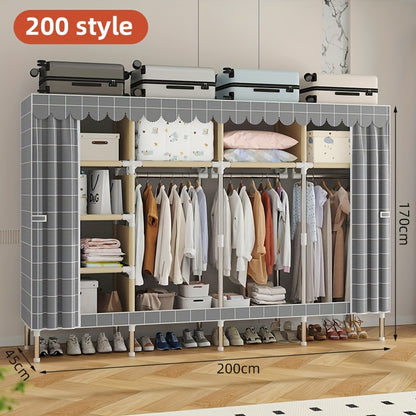 Simplified assembly of steel pipes with thickened reinforcement and 10 large capacity storage racks and 3 hanging clothes poles for storing wardrobes, easy and convenient assembly of checkered fabric cabinets