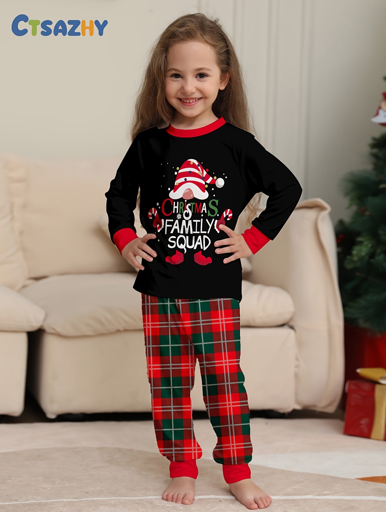 Cozy Youngsters' Christmas Pajama Set - Flame Retardant, Santa Hat & Mini Print, Long Sleeve Black Top with Red Plaid Pants, Cozy Loose Fit for Fall/Winter
