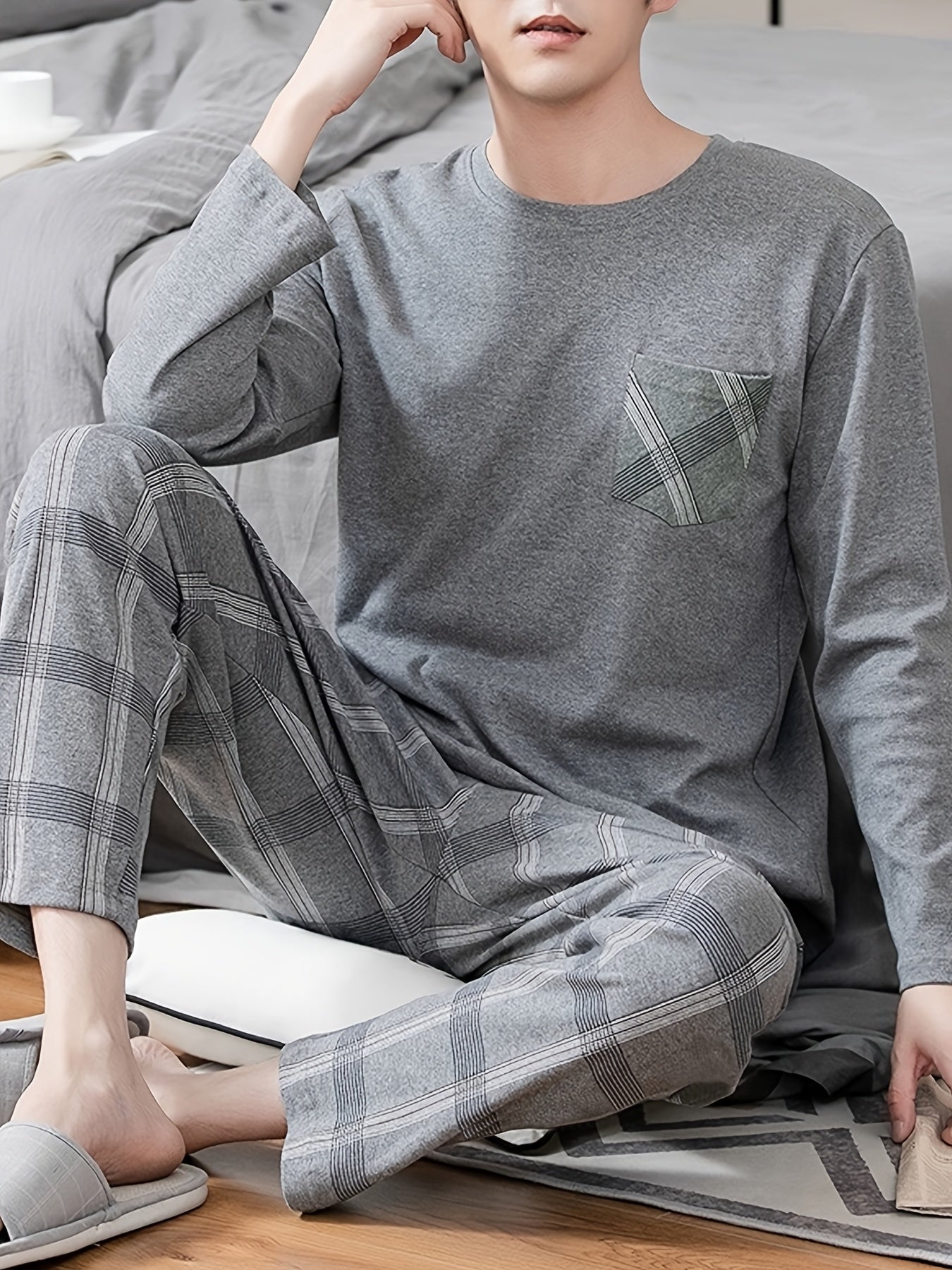 Men's Cozy Gray Long Sleeve Round Neck Top with Plaid Pants Pajama Set - Polyester, Machine Washable, Ideal for Home or Outdoor Wear