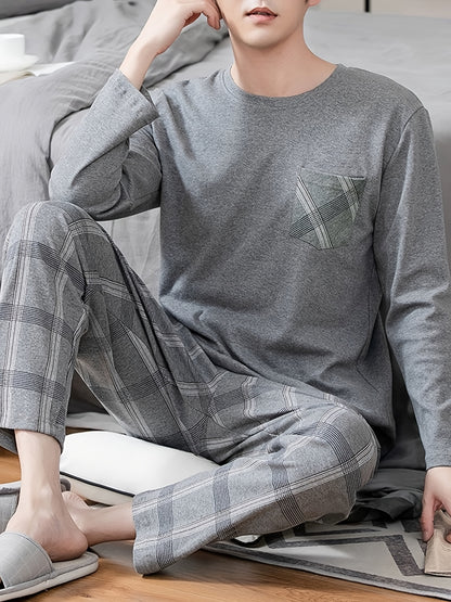 Men's Cozy Gray Long Sleeve Round Neck Top with Plaid Pants Pajama Set - Polyester, Machine Washable, Ideal for Home or Outdoor Wear