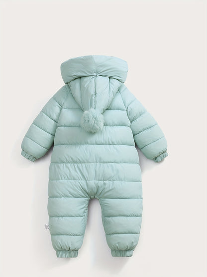 Infant's Winter Padded Onesie, Casual Hooded Coat With Pom-Pom, Zip-Front Warm Jumpsuit, Toddler & Infant's Outdoor Clothing