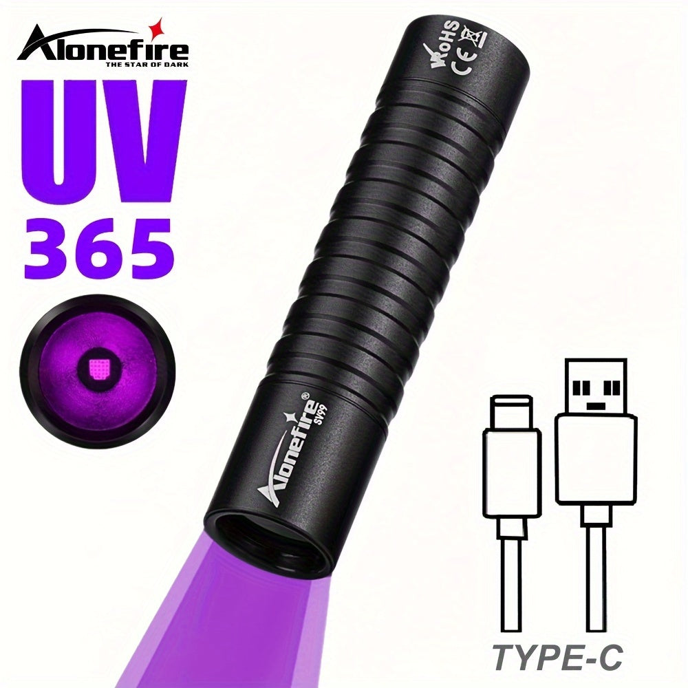 Mini linterna LED UV AloneFire: luz negra dual de 365 nm/395 nm, recargable por USB, linterna de bolsillo de alto brillo para tinta invisible, esmalte de uñas, manchas de mascotas y más.