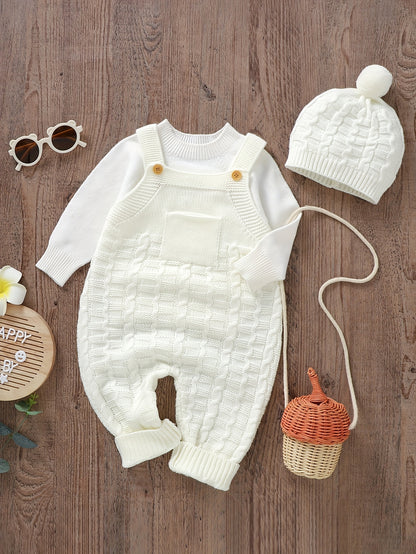 Infant Baby Knitted Suspender Jumpsuit, Long Legs Climbing Suit With Hat Set Without Lining, Suitable For Indoor And Outdoor Wear