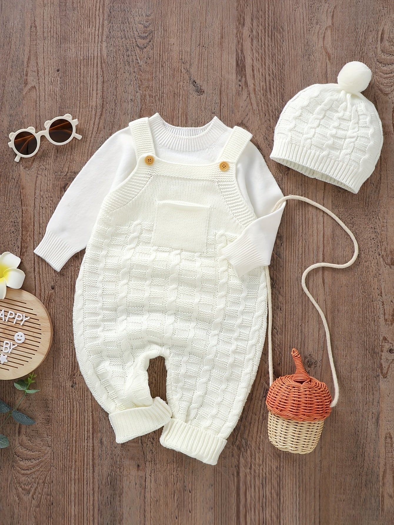 Infant Baby Knitted Suspender Jumpsuit, Long Legs Climbing Suit With Hat Set, Unlined, Suitable For Indoor And Outdoor Wear