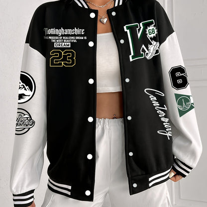 Chic Plus Size Women's Baseball Jacket - Casual Fall/Winter Coat with Letter Print, Button-Up Front, Machine Washable