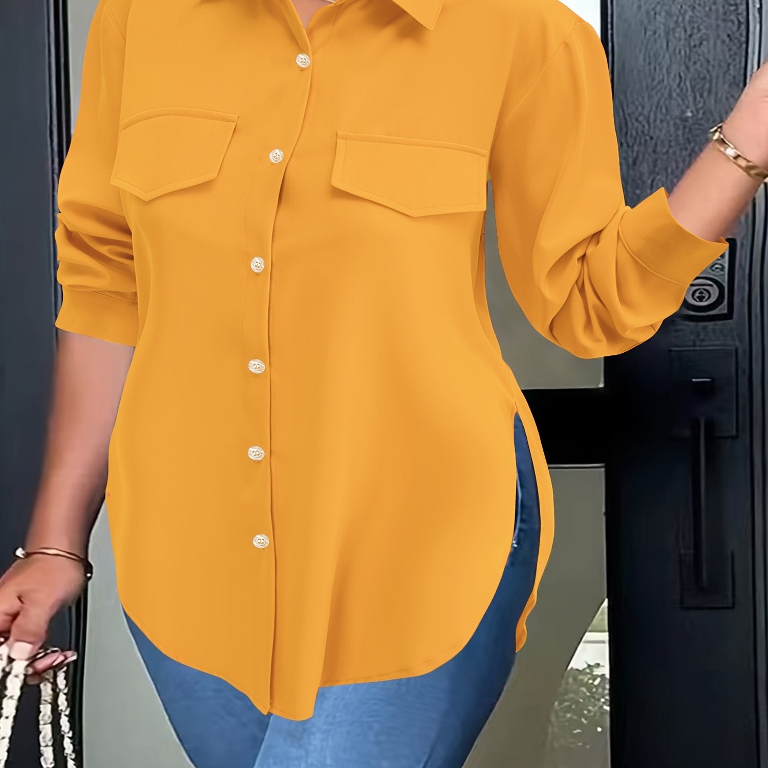 Blusa de talla grande con dobladillo curvo, informal, con cuello abotonado para primavera, ropa de talla grande para mujer.