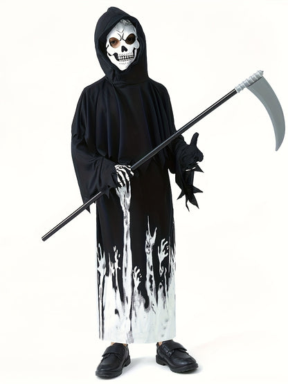 [Fast Arrival] 1pc Luminous Grim Reaper Costume for Kids - Halloween Party Storytelling, Role-Playing Performance Outfit with Hooded Jumpsuit, Gloves & Sickle, Polyester Material, Non-Transparent, Knitted Fabric, Solid Color,