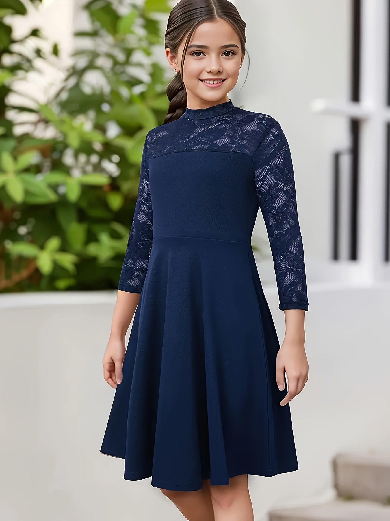 Elegante vestido de niña con encaje y cremallera, de corte A, color liso, mezcla de poliéster elástico, ideal para primavera, verano y otoño.