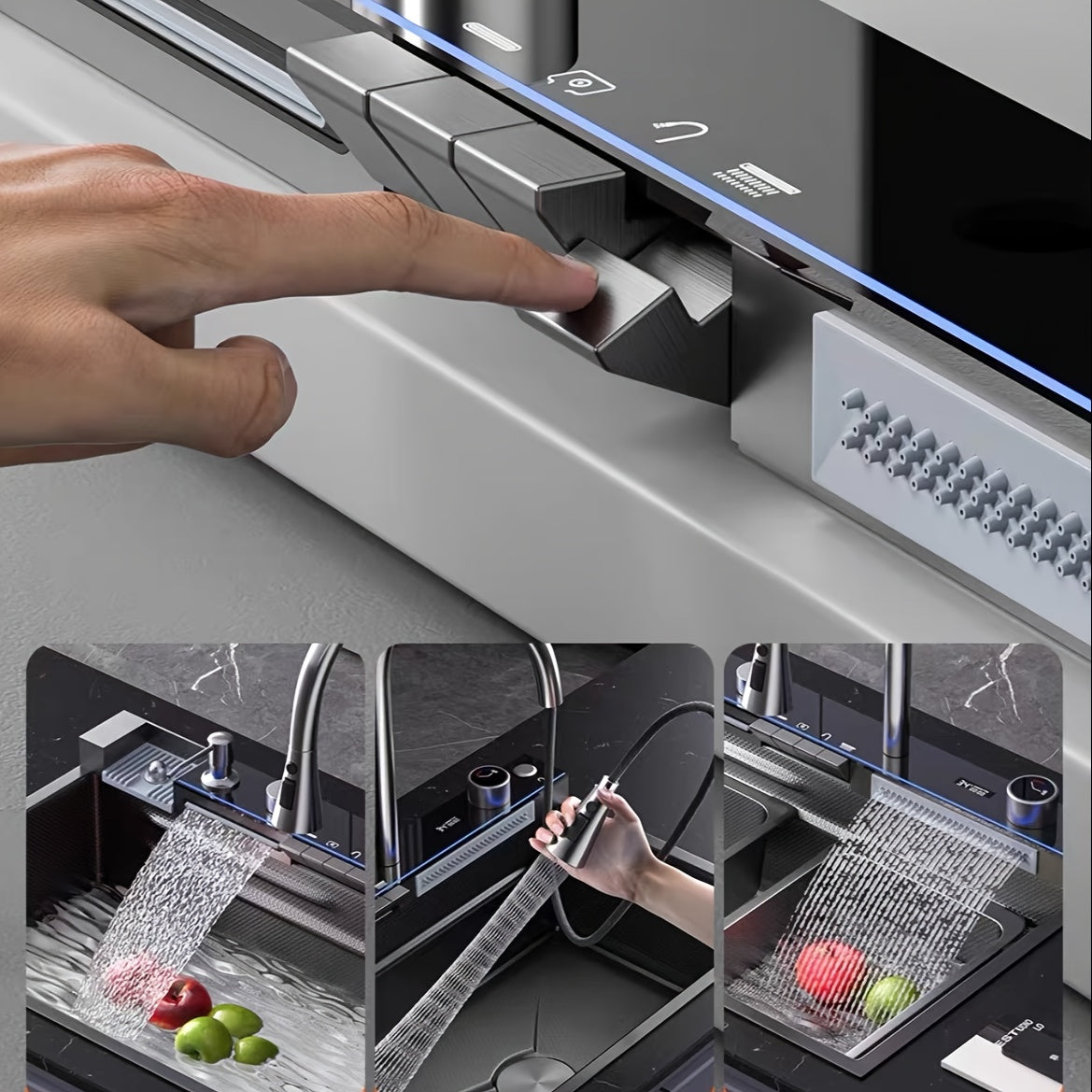 Modern Black Stainless Steel Kitchen Sink with Digital Display - Large Single Bowl, Multi-Purpose Design, Includes Faucet & Accessories, 26.7" (68x45x22cm)