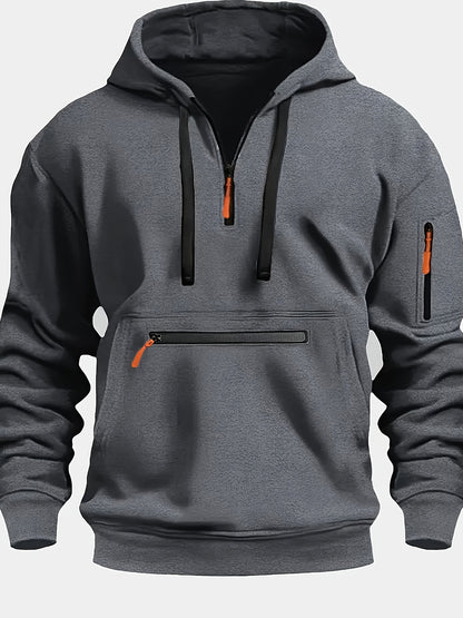 Solid Hooded Half Zip Long Sleeve Sweatshirt With Zippered Pocket For Men, Casual Hoodie For Winter And Fall