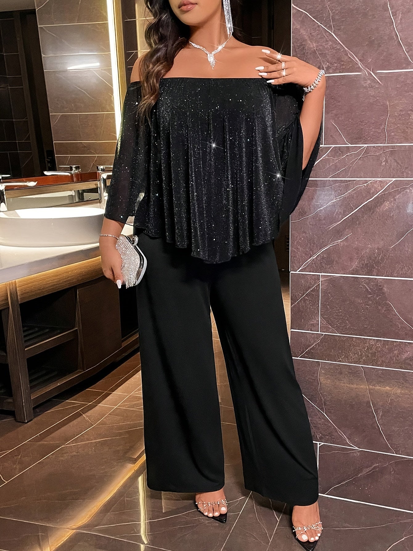 1pc Elegant Off-the-Shoulder Glitter Top and Culottes Set for Women, Polyester Knit Fabric with Slight Stretch, Solid Color, Spring/Summer/Fall Fashion, 96% Polyester 4% Elastane