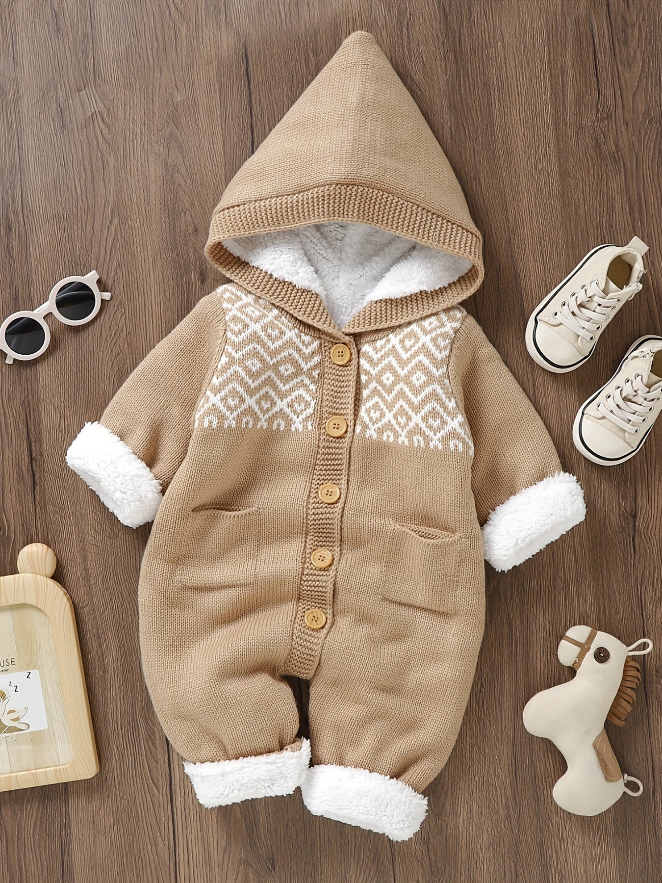 Newborn Boys And Girls Knitted Jumpsuit With Long Sleeve Hooded Pants Jumpsuit