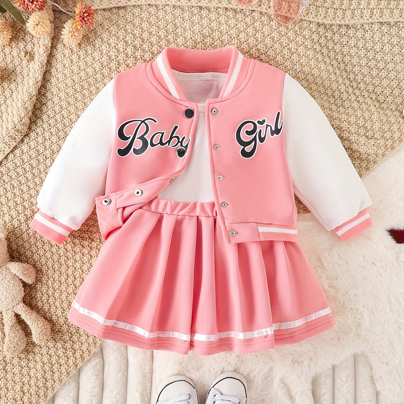 Conjunto de 2 piezas de chaqueta de béisbol con estampado de niña y falda plisada para exteriores, ideal para fiestas y deportes.