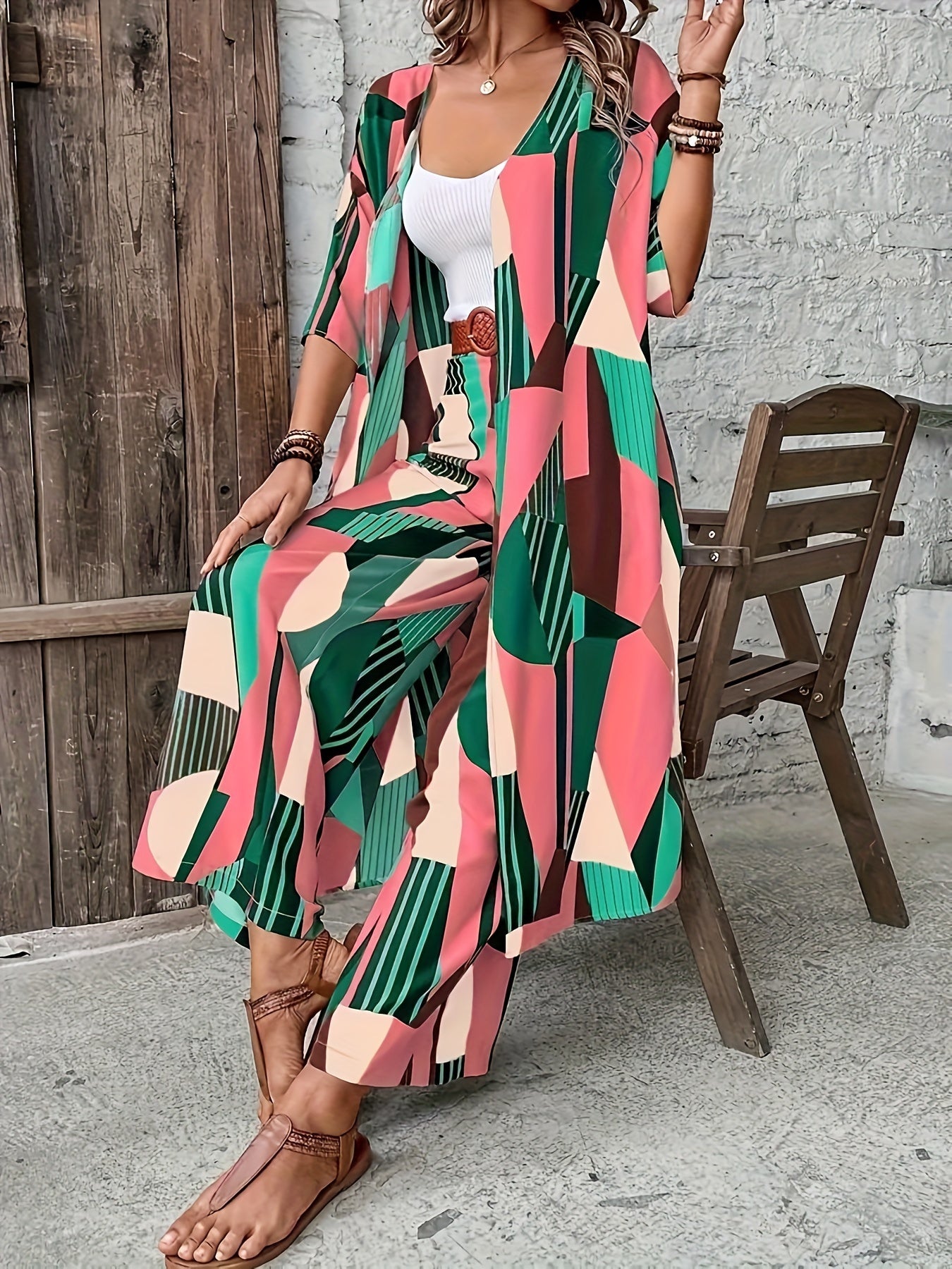Elegant Polyester Suit Set For Women, Geometric Print, Open-Front Blouse, And Wide-Leg Pants, Casual And Fashionable Outfit For Daily And Leisure Wear