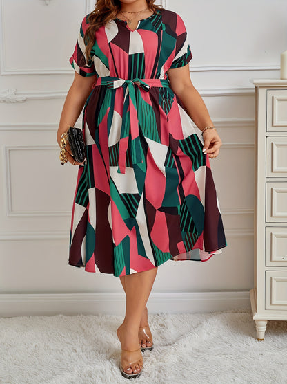 Vestido con estampado tropical y mangas murciélago, talla grande, escote en V, cintura con cinturón, poliéster ligero, lavable a máquina, ideal para vacaciones de verano. Vestidos de verano de talla grande.
