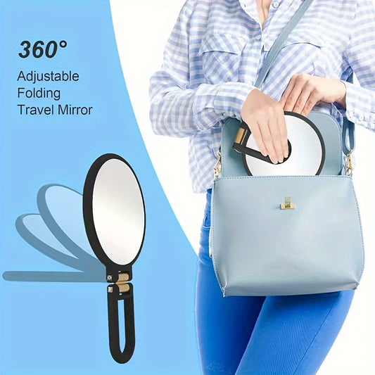 Dual-Sided 1X/30X Magnifying Handheld Makeup Mirror with 360° Adjustable Handle – Portable, Foldable Design for Precision Grooming, Travel-Friendly, No Batteries Needed, Black Frame with Golden Accents, Mini Mirror