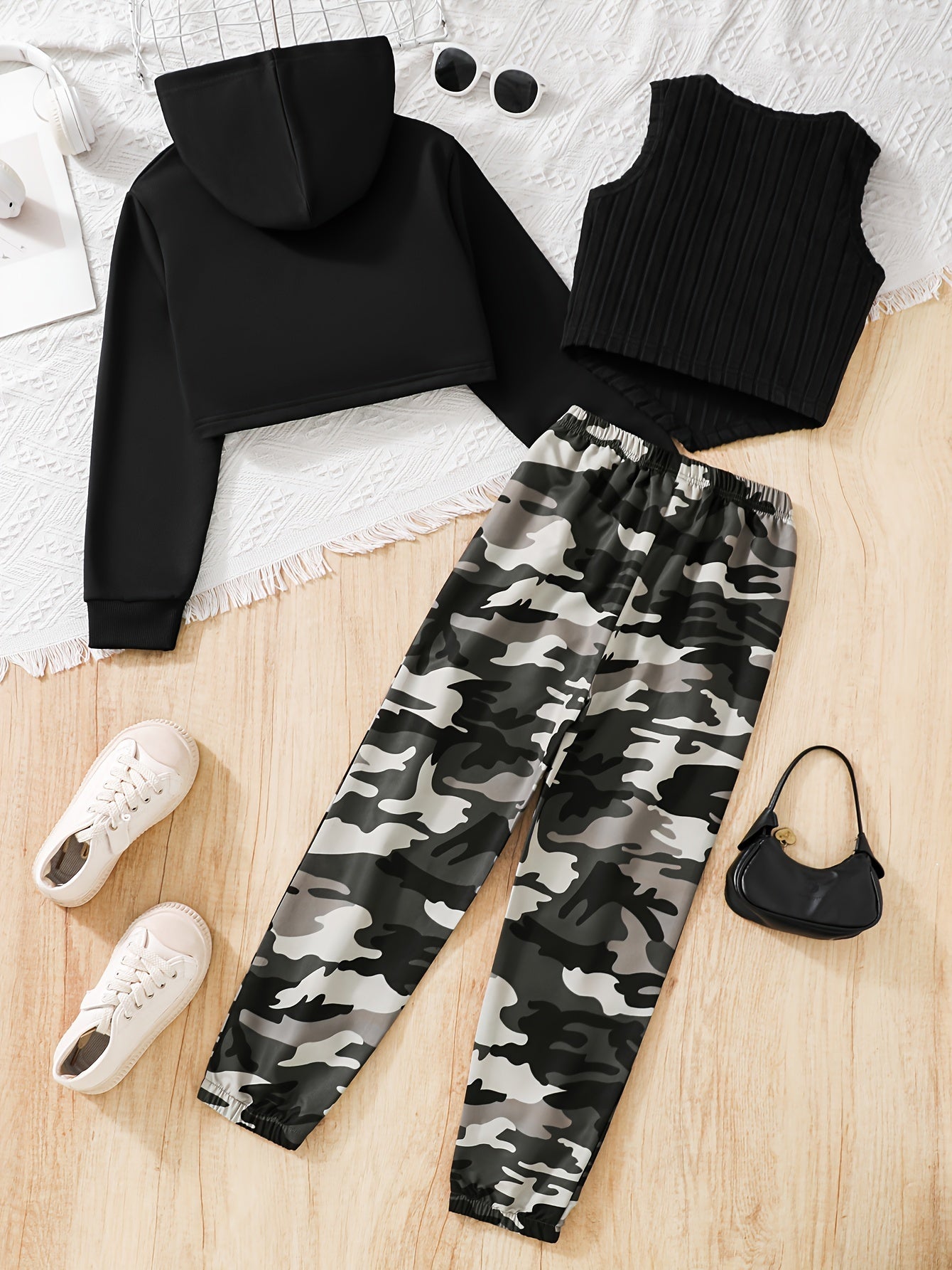 3PCS Girls Trendy Street Wear Style Outfit, Long Sleeve High Low Hoodie + Ribbed Tank Top + Camouflage Pattern Trousers Set For Spring & Fall & Winter Outdoors