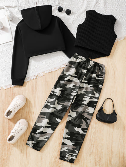 3PCS Girls Trendy Street Wear Style Outfit, Long Sleeve High Low Hoodie + Ribbed Tank Top + Camouflage Pattern Trousers Set For Spring & Fall & Winter Outdoors