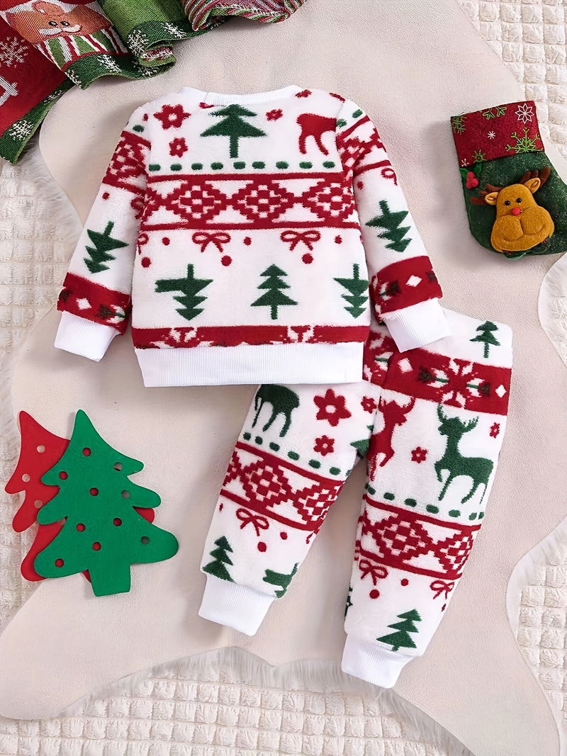 Traje de franela de otoño e invierno con estampado de dibujos animados de Navidad para niña, ropa interior cálida de dos piezas para niña