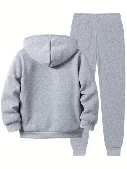 Kids' Soccer Player Print Hooded Tracksuit Set - Polyester Hoodie and Sweatpants with Zipper, Long Sleeve, Casual Geometric Pattern, Slight Stretch Fabric for Daily Wear and Jogging, Fall/Winter Collection for Boys and Girls,