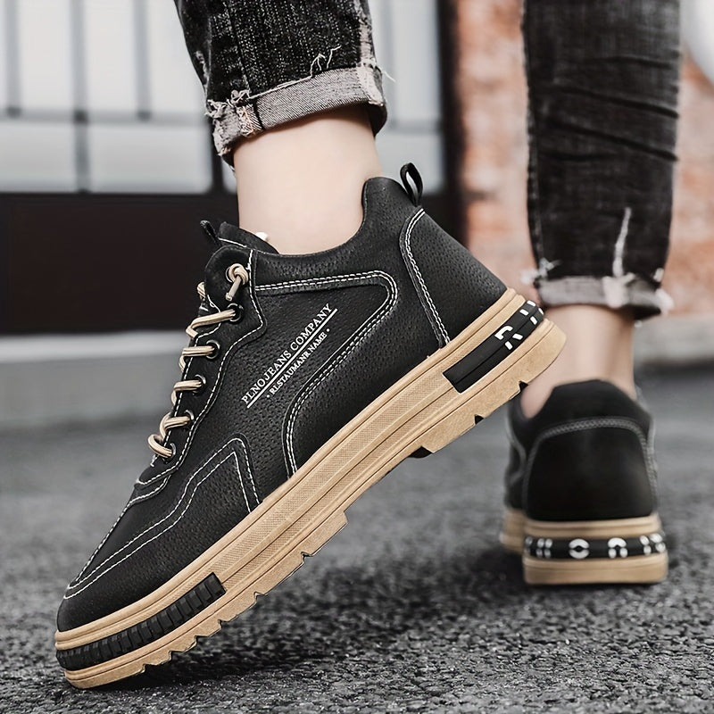 1pc Men's Lace-Up Sneakers - Casual/Retro/Street Style, All-Season, Solid Color, Breathable Low-Top Shoes with PU Upper, Fabric Lining, PVC Sole, Cloth Insole, Round Toe, for Daily & Outdoor Activities / Construction Work, Me