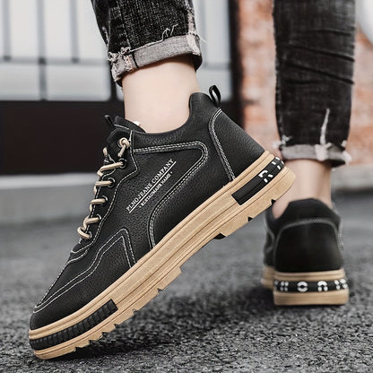 1pc Men's Lace-Up Sneakers - Casual/Retro/Street Style, All-Season, Solid Color, Breathable Low-Top Shoes with PU Upper, Fabric Lining, PVC Sole, Cloth Insole, Round Toe, for Daily & Outdoor Activities / Construction Work, Me