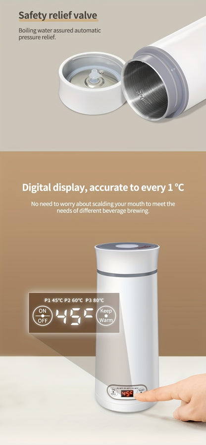 EU Plug Travel Electric Kettle, 350Ml Portable Small Tea Coffee Kettle Water Boiler, Personal Water Heater, with Temperature Control & LED Display, 300W, 304 Stainless Steel, Mini Heated Water Cup for Coffee, Tea, Milk, Soup,
