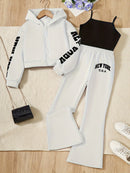 3-Piece Outdoor Sporty Girl's Long Sleeve Zip-up Hoodie + Flared Trousers With Camisole Set - Versatile Comfy For Spring/ Fall Casual Wear, Gift Idea