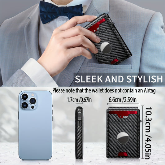 Men's Sleek Magnetic Closure Wallet with AirTag Holder - RFID Blocking, PU Leather, Black