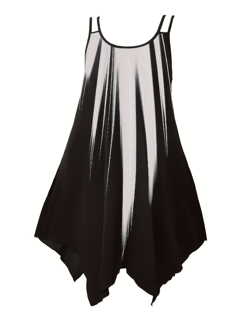 Plus Size Ombre Print Cami Dress, Vacation Style Asymmetrical Hem Sleeveless Crew Neck Dual Strap Dress For Spring & Summer, Women's Plus Size Clothing