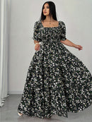 Women's Summer Square Neck Elastic Waist Floral Print Puff Sleeve A-Line Maxi Dress - Lightweight Breathable Machine Washable Plus Size Flowy Long Dress for Beach Vacation & Casual Outings, Beach Dresses