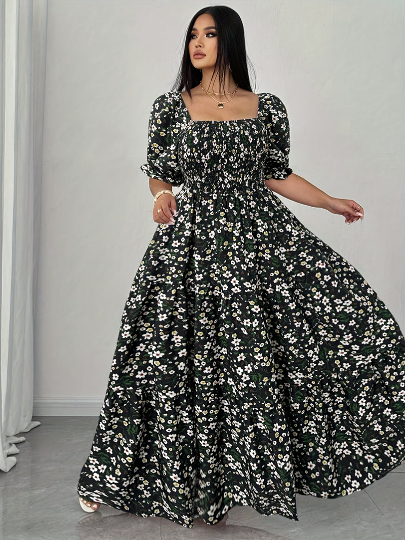 Women's Summer Square Neck Elastic Waist Floral Print Puff Sleeve A-Line Maxi Dress - Lightweight Breathable Machine Washable Plus Size Flowy Long Dress for Beach Vacation & Casual Outings, Beach Dresses