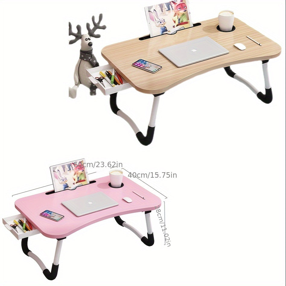 Portable Folding Desk with Cup Holder &amp; Drawer - Space-Saving, Multi-Functional Workstation for Bedroom, Dorm, Home Office Study - Sturdy, Adjustable, Ergonomic Design for Comfortable Working and Studying