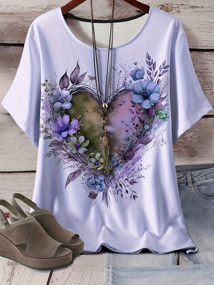Women's Plus Size Light Blue Floral Heart All-Over Print T-Shirt - Stretchy Casual Round Neck Short Sleeve Top, Machine Washable for Casual Attire, Versatile Wardrobe Staple, Stylish Graphic Tee, Comfortable Fit, Printed Blou