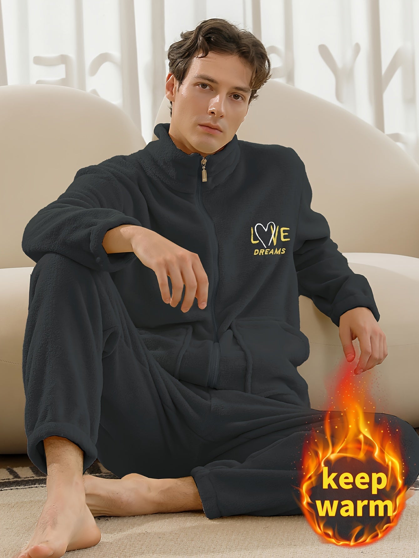 Conjunto de pijama de hombre con camiseta y pantalón de franela con bordado de letras, cuello alto, cremallera y manga larga para otoño e invierno.